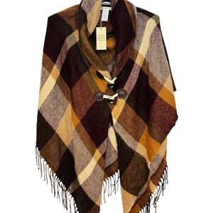 NWT Moss Rose Brown, Tan, and Gold Poncho with Frayed Ends
